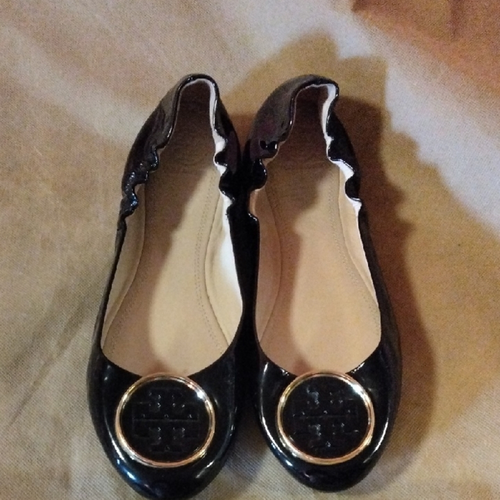 Tory Burch Black Patent Leather Flats with Metallic Buckle